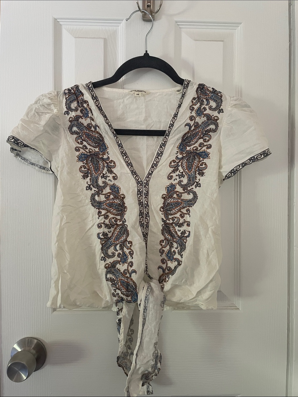 Max Studio Tie-Front Bohemian V-Neck Blouse — Cream with Blue & Brown Paisley